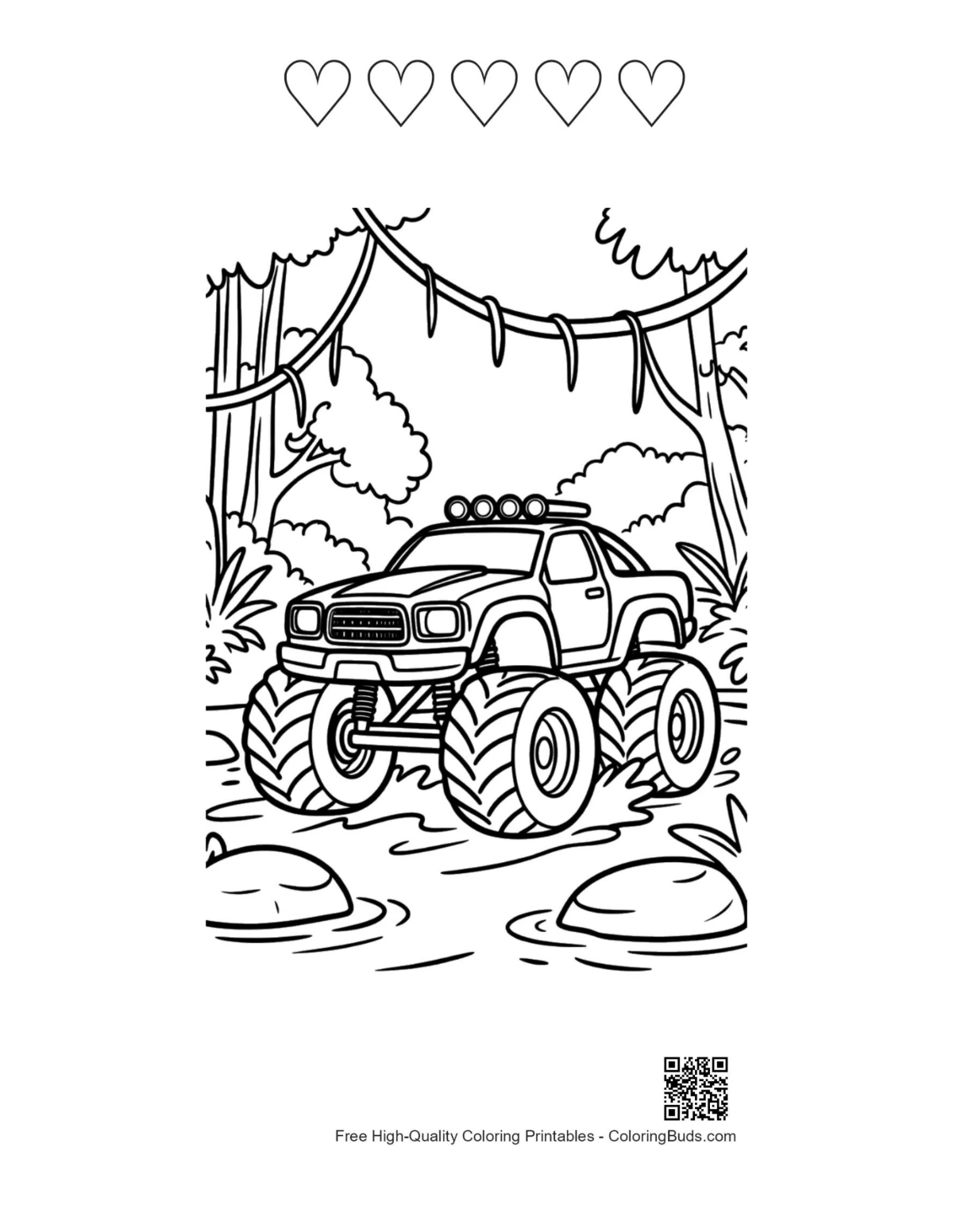 Monster truck jungle 5 hearts outline printable