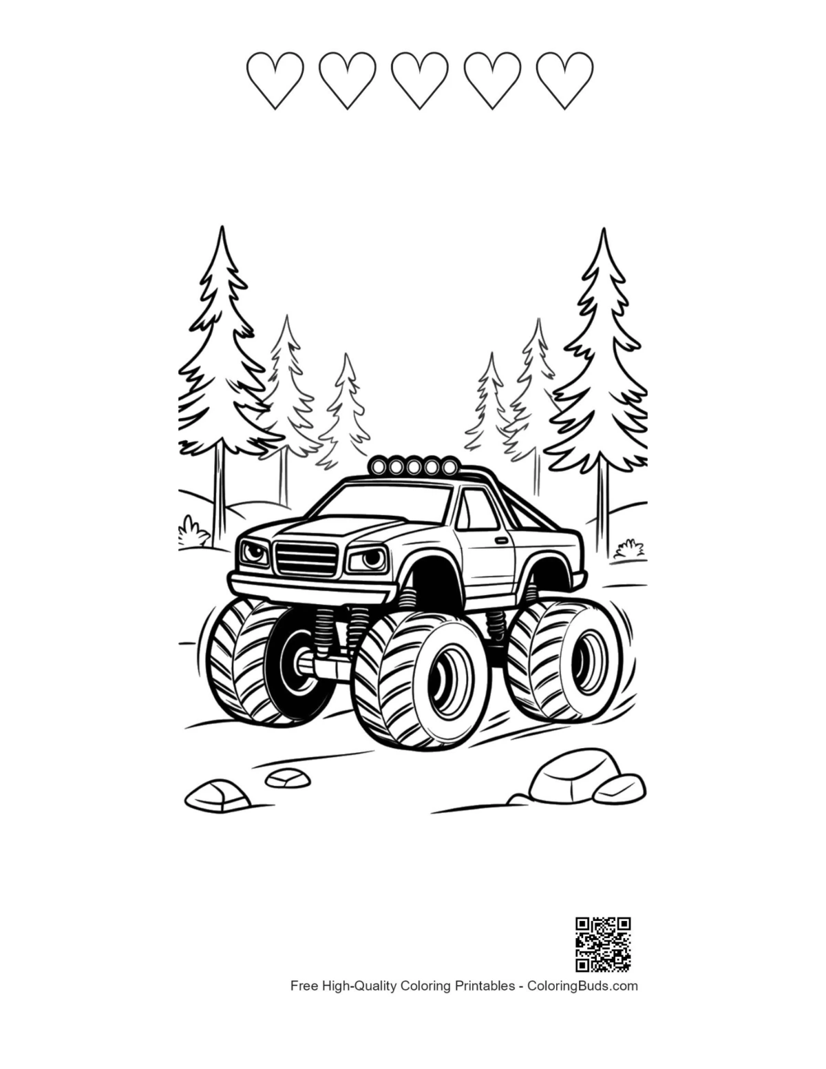 Monster truck forest printable 5 heart outlines coloring