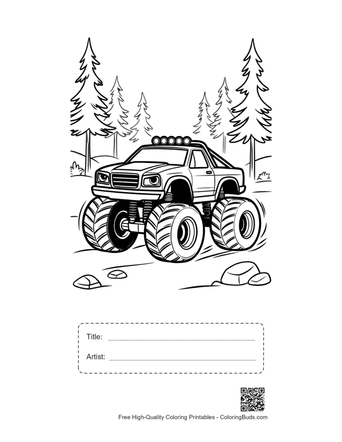 Monster truck forest printable with title artist box