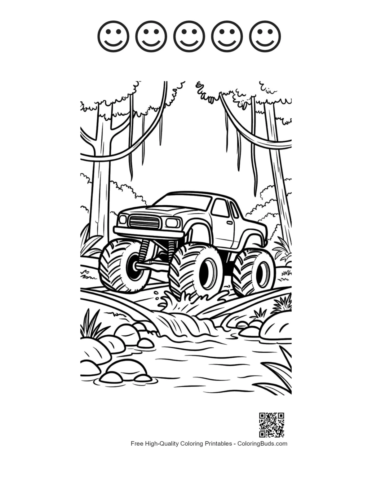 Big wheels truck rainforest with 5 happy faces outline