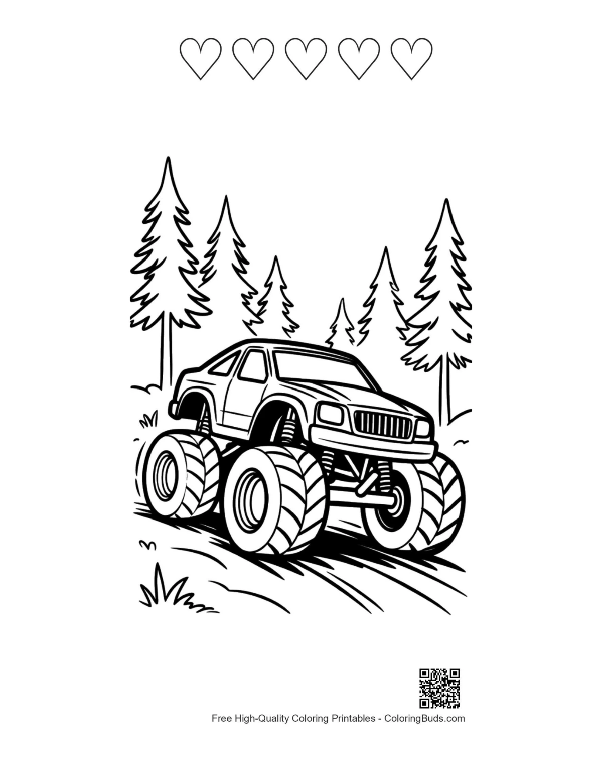Off-road truck winter printable with heart outlines