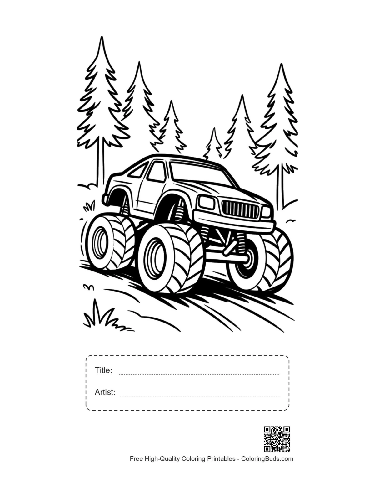 Off-road big wheels truck winter woods printable with title box