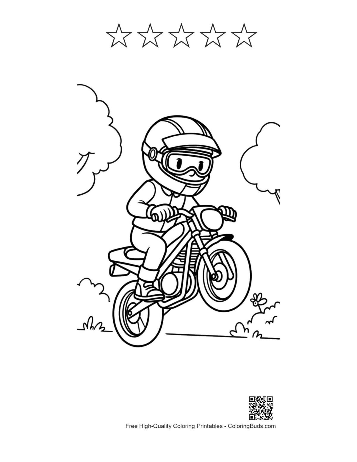 Boy jumping motorcycle coloring page with star outlines