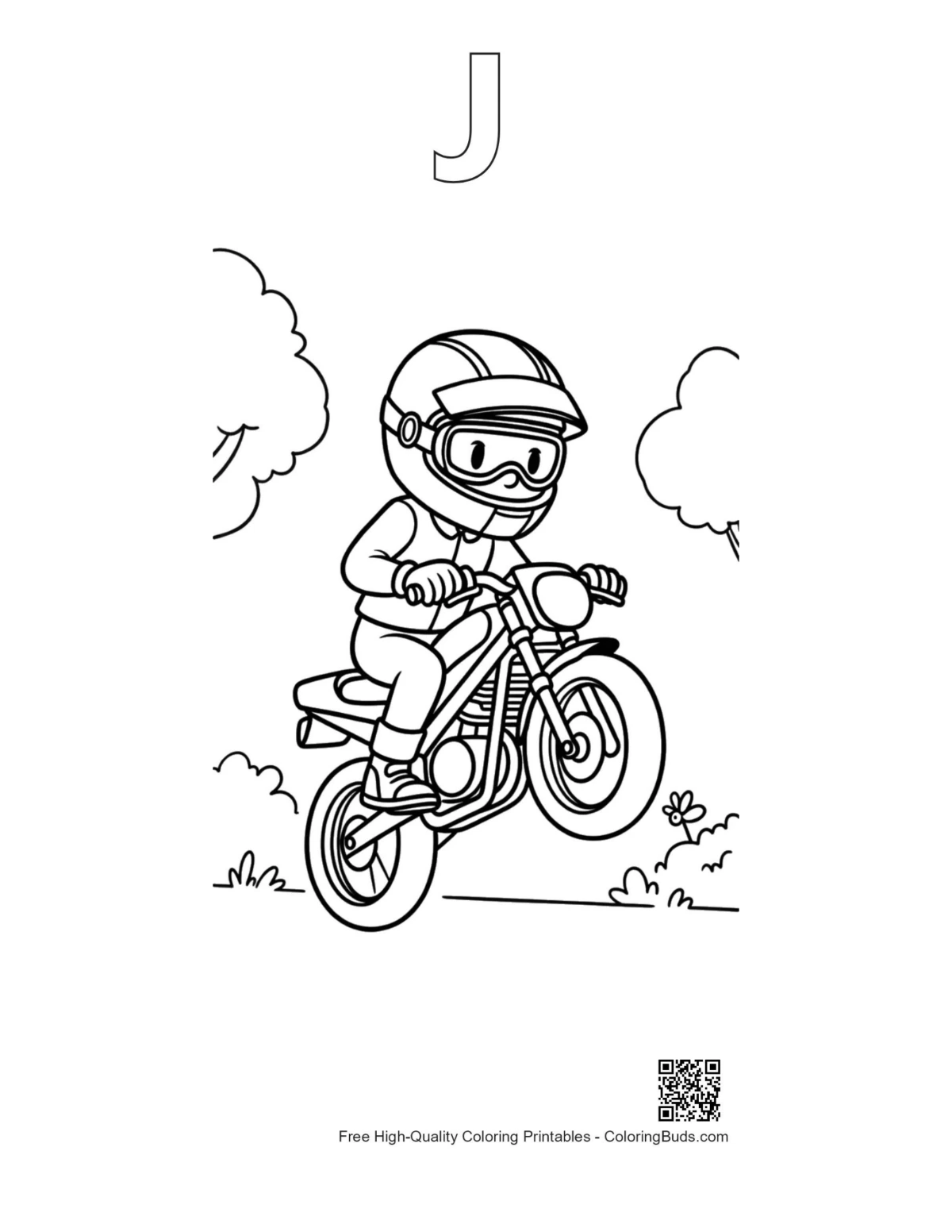 Sport motorcycle boy jump coloring page alphabet J outline