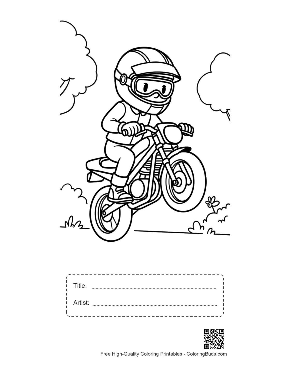Boy jumping sport motorcycle coloring page with title box
