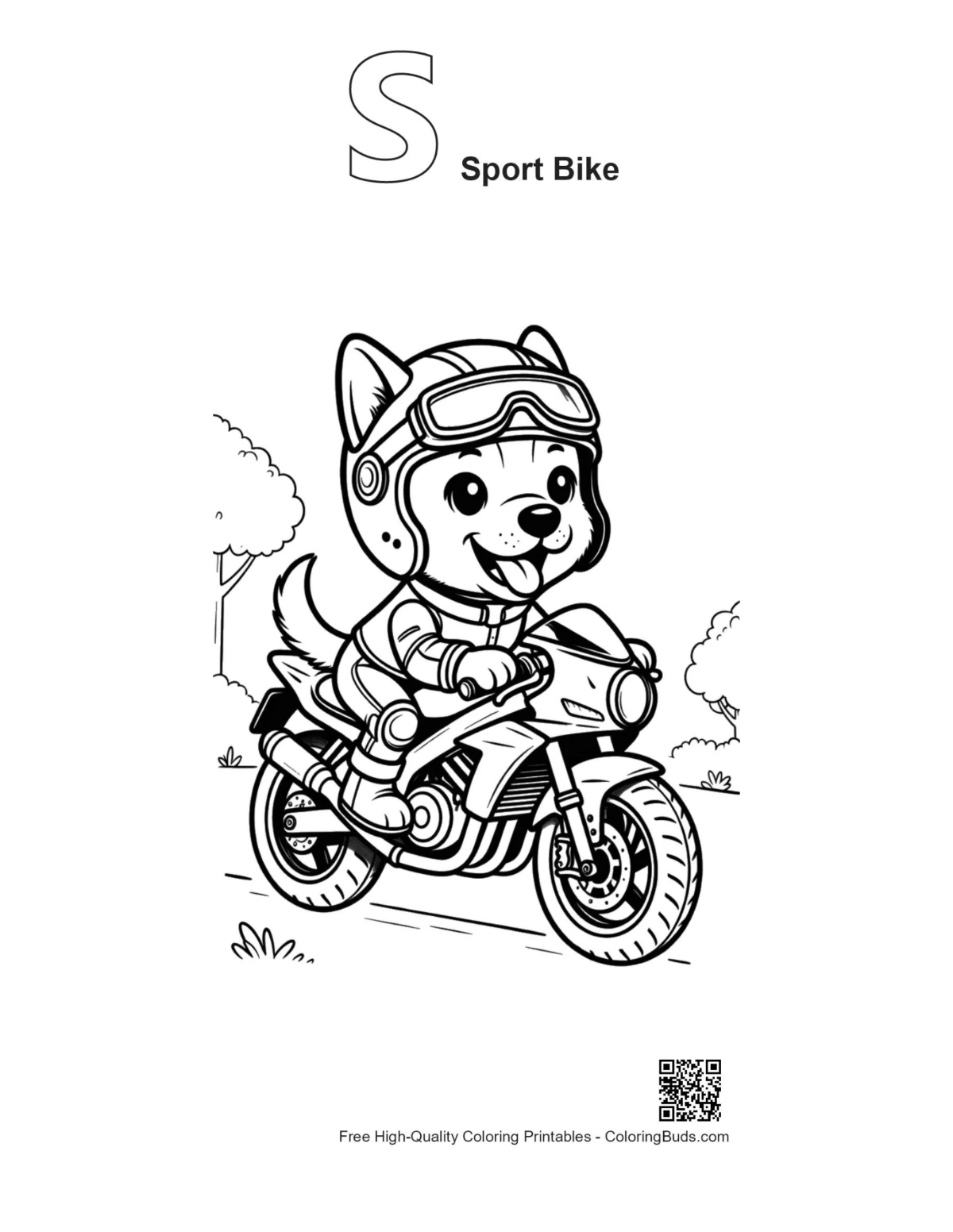 Puppy racing motorcycle coloring page with S sport bike alphabet outline