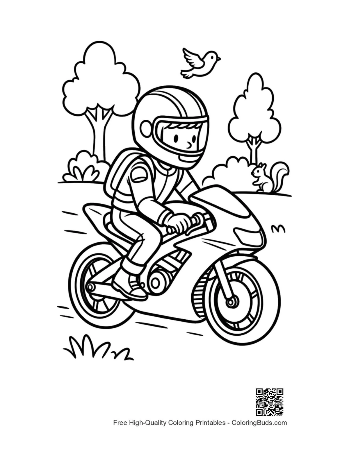 Boy motocross rider on sport street bike printable coloring page