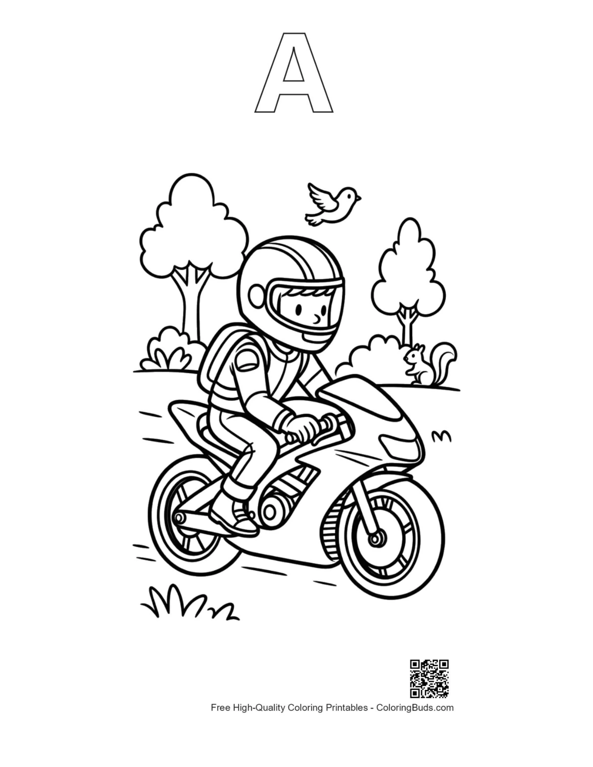 Boy rider sport street bike coloring page outline with alphabet A