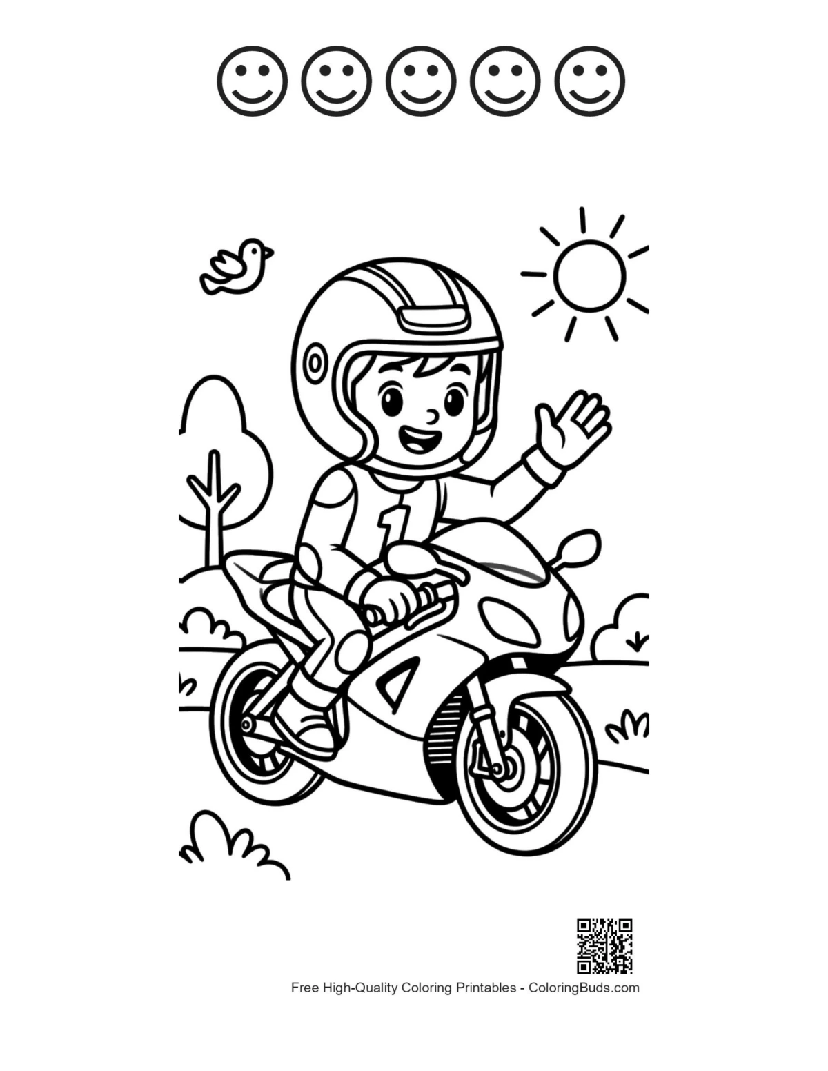 Cool kid biker coloring page with 5 happy faces