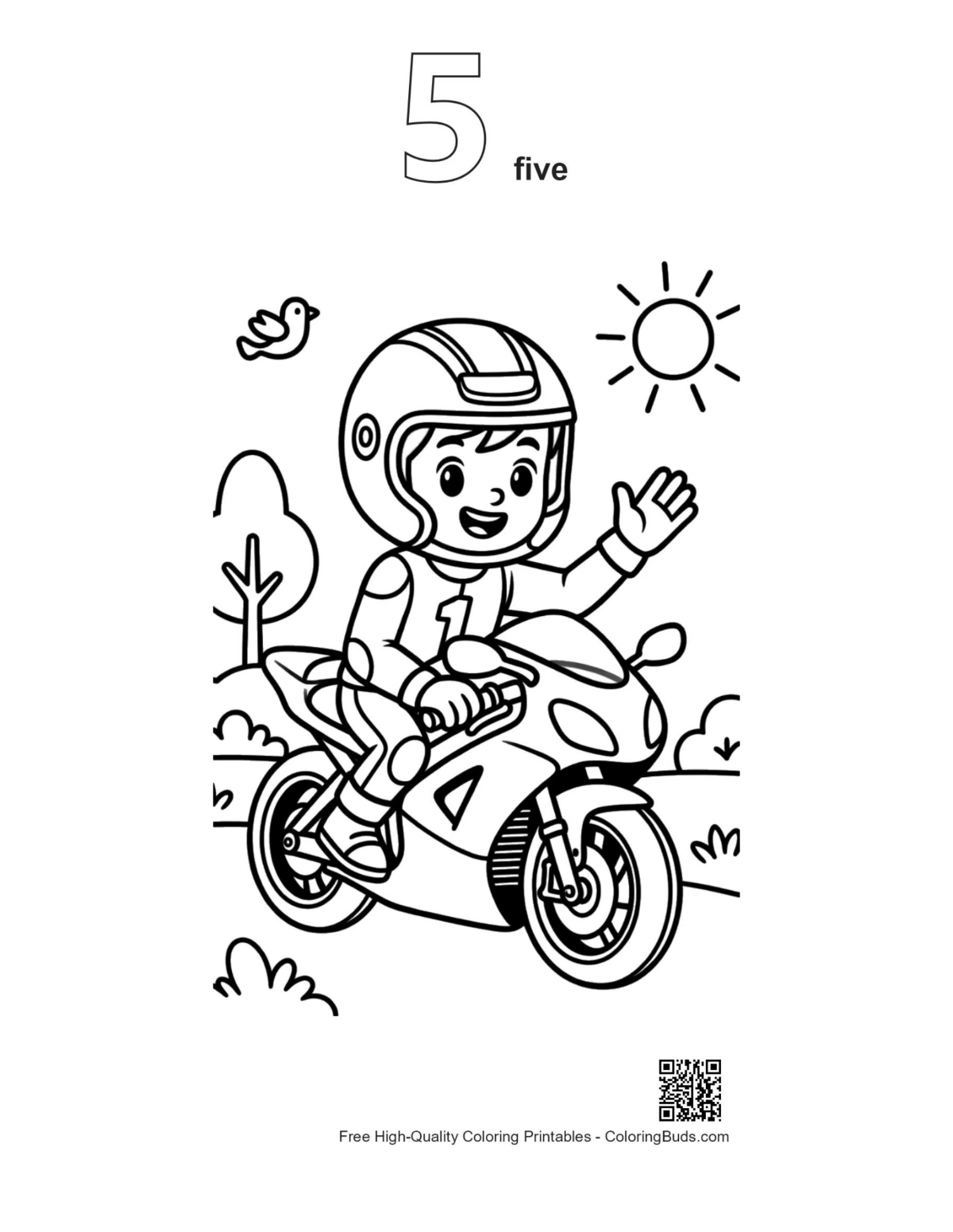 Cool kid biker sport bike coloring page outline #5