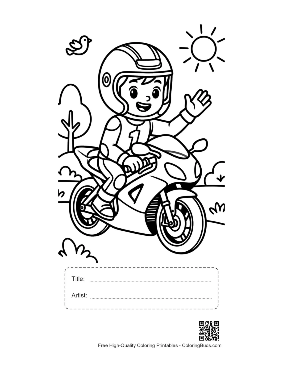 Cool kid biker sport bike coloring page with title box