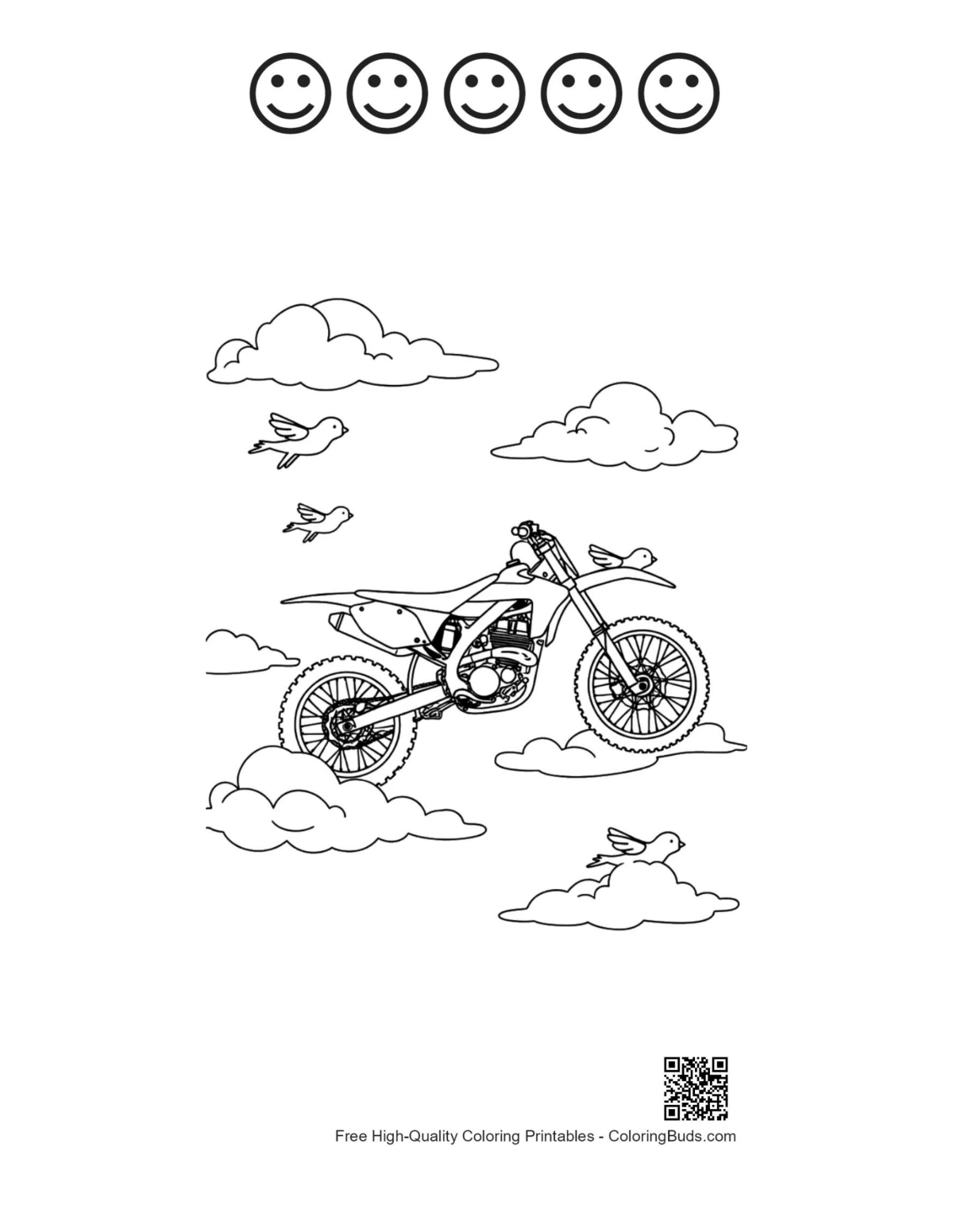Cute dirt bike 5 happy faces outline sheet