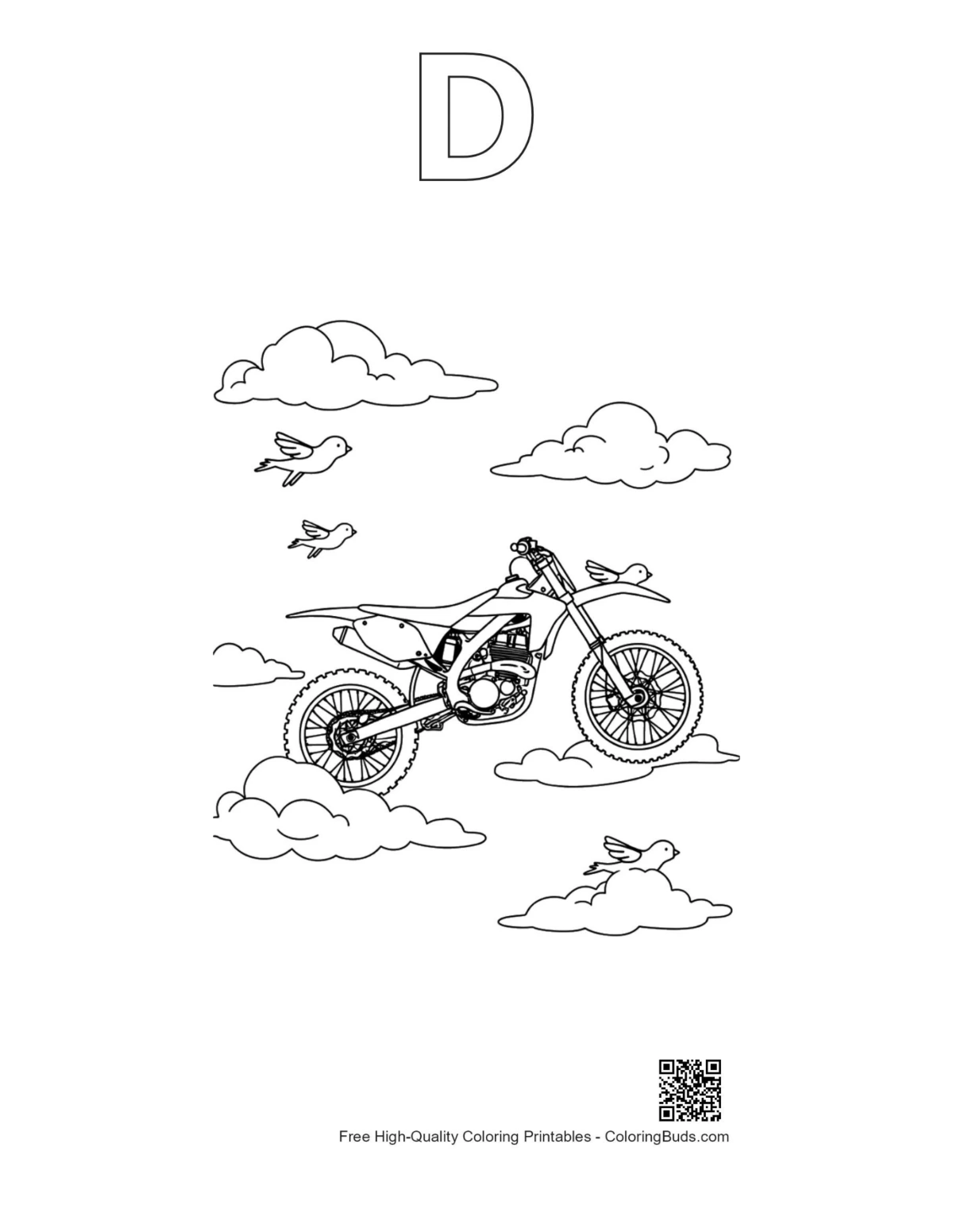 Cute dirt bike alphabet D outline printable