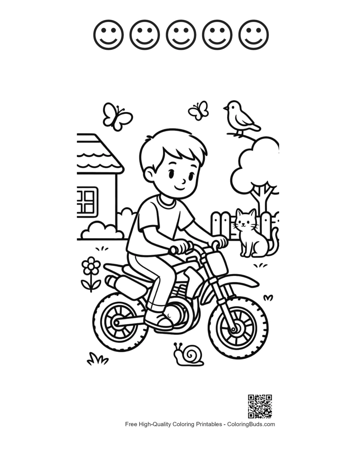 Happy faces outline boy riding dirt bike sheet