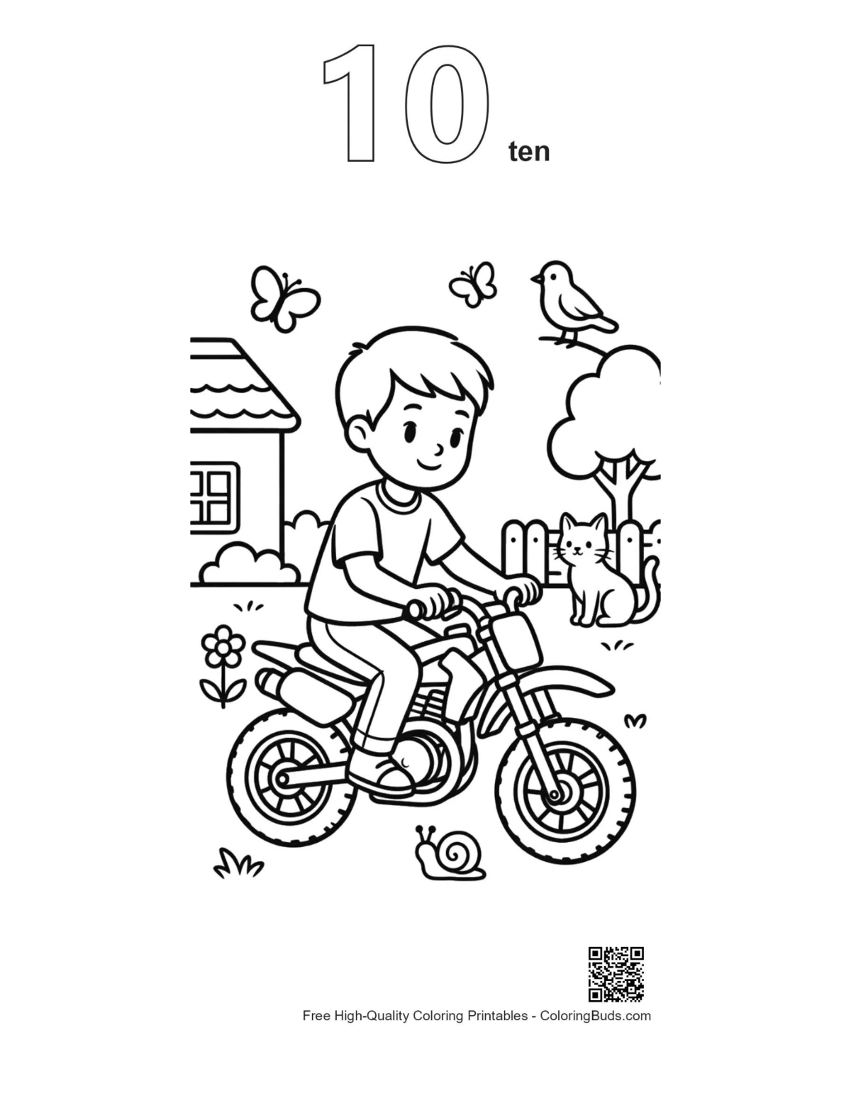 Number 10 outline cute boy dirt bike printable