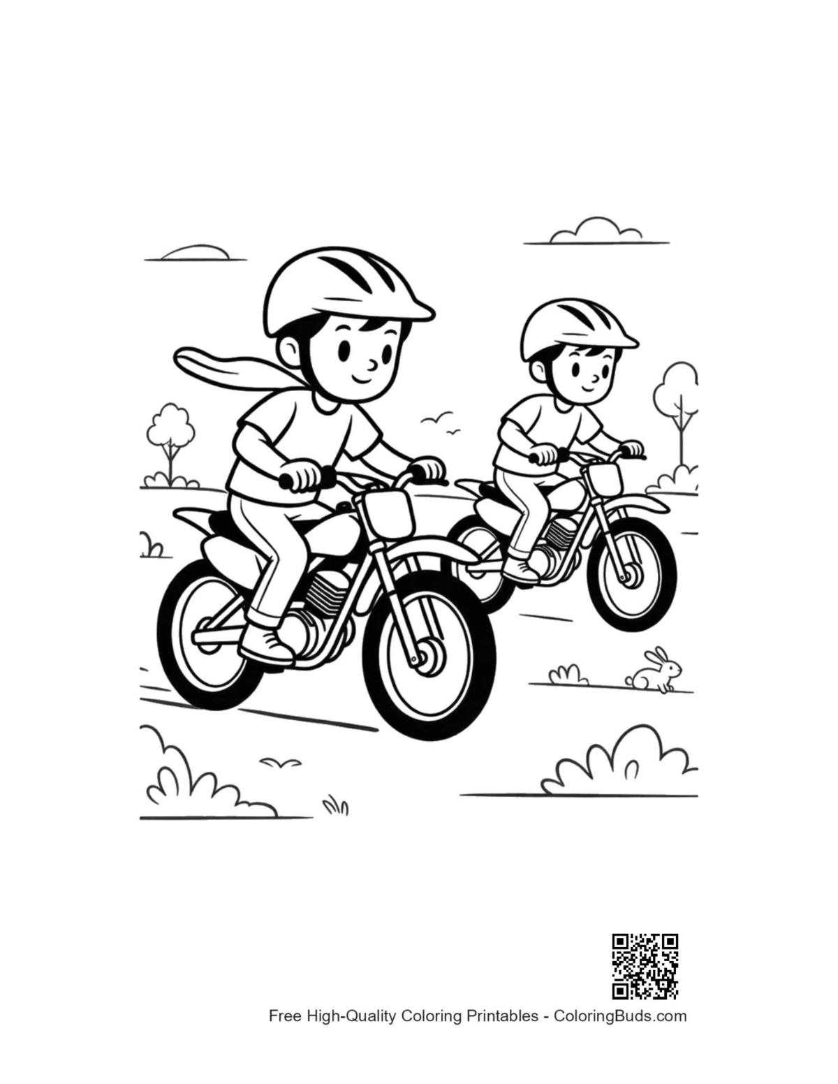 Printable dirt bike coloring page outline for kids