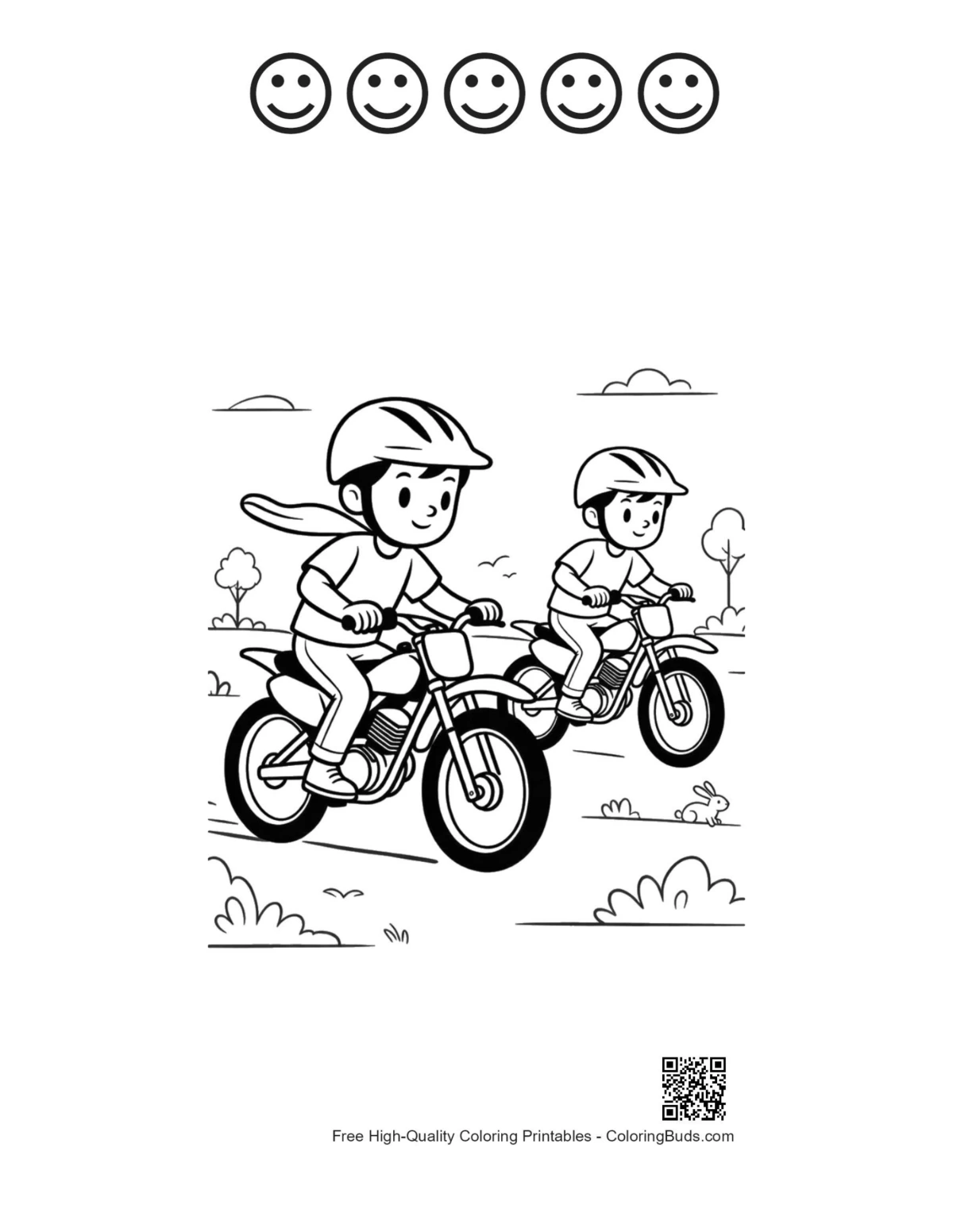 Printable dirt bike sheet with 5 happy face outlines