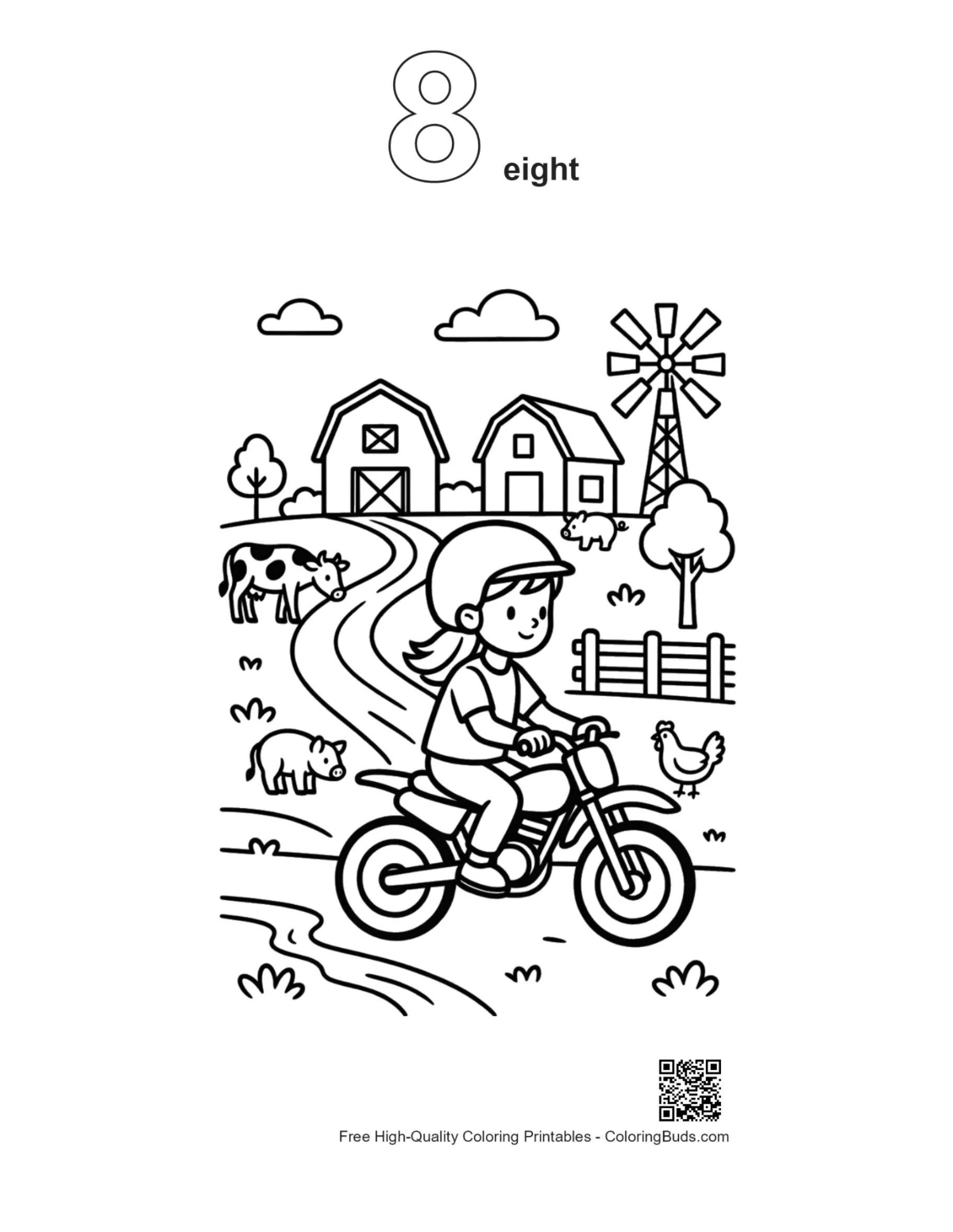 Dirt bike outline number 8 printable coloring page