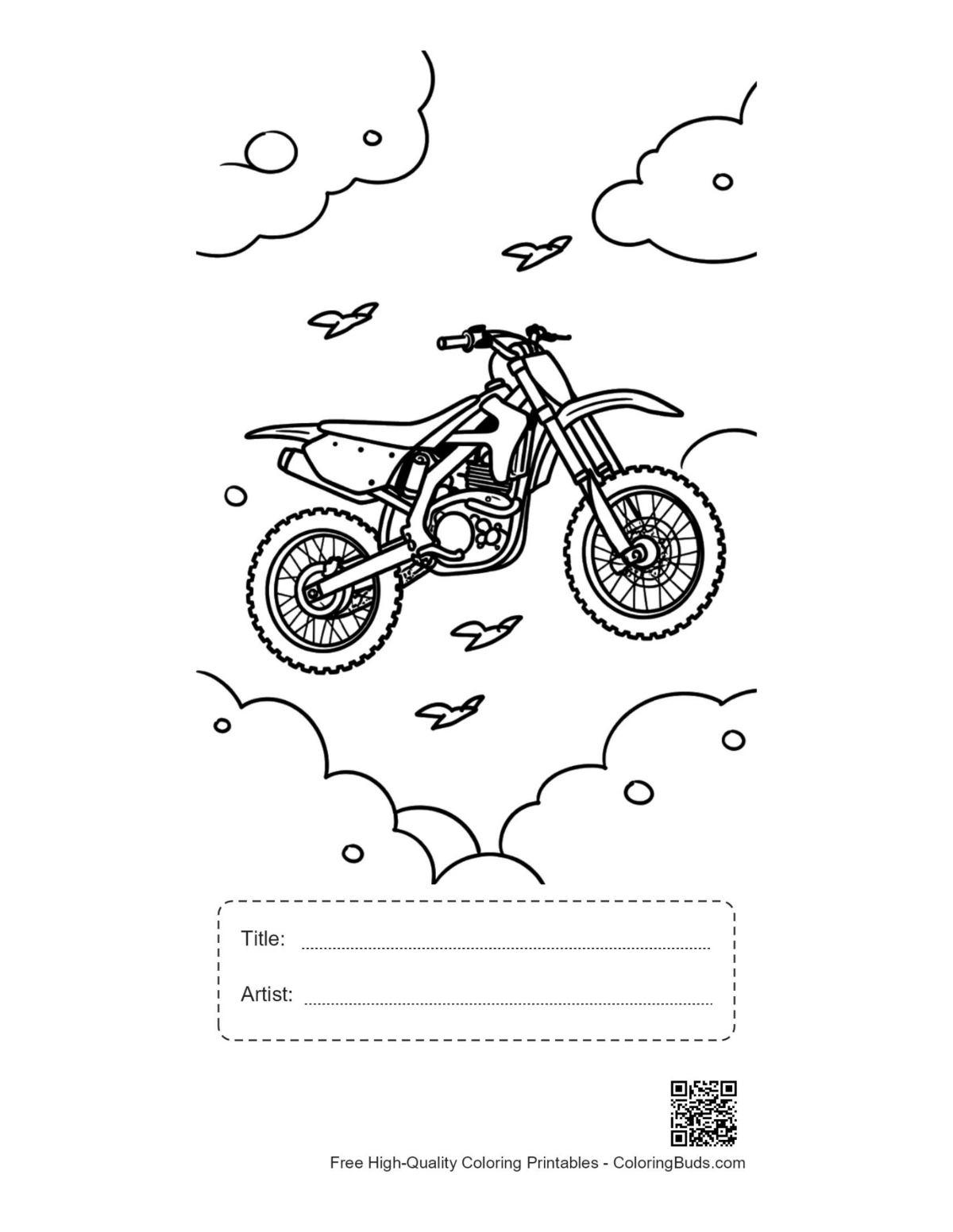 Dirt bike silhouette jumping cloudy sky printable with title artist box