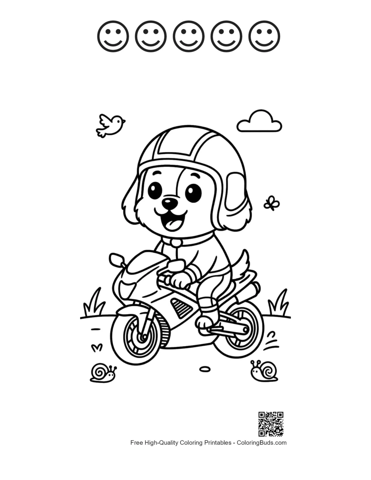 Dog biker helmet 5 happy faces coloring page