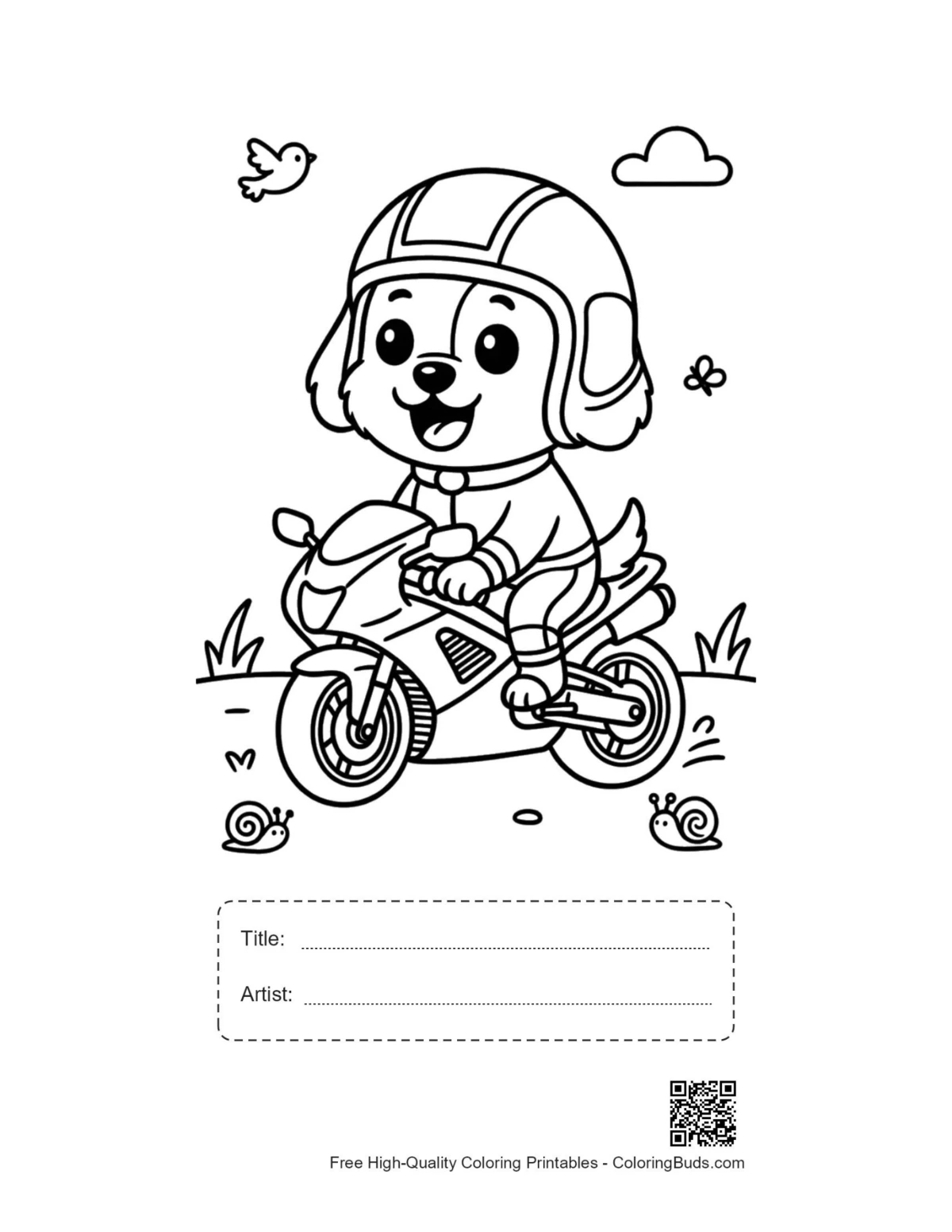 Dog biker helmet coloring page with title box