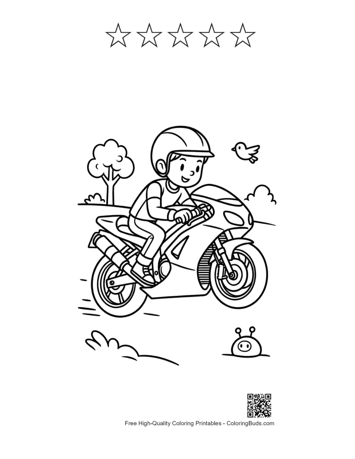 Sport bike printable with 5 star outlines for kids