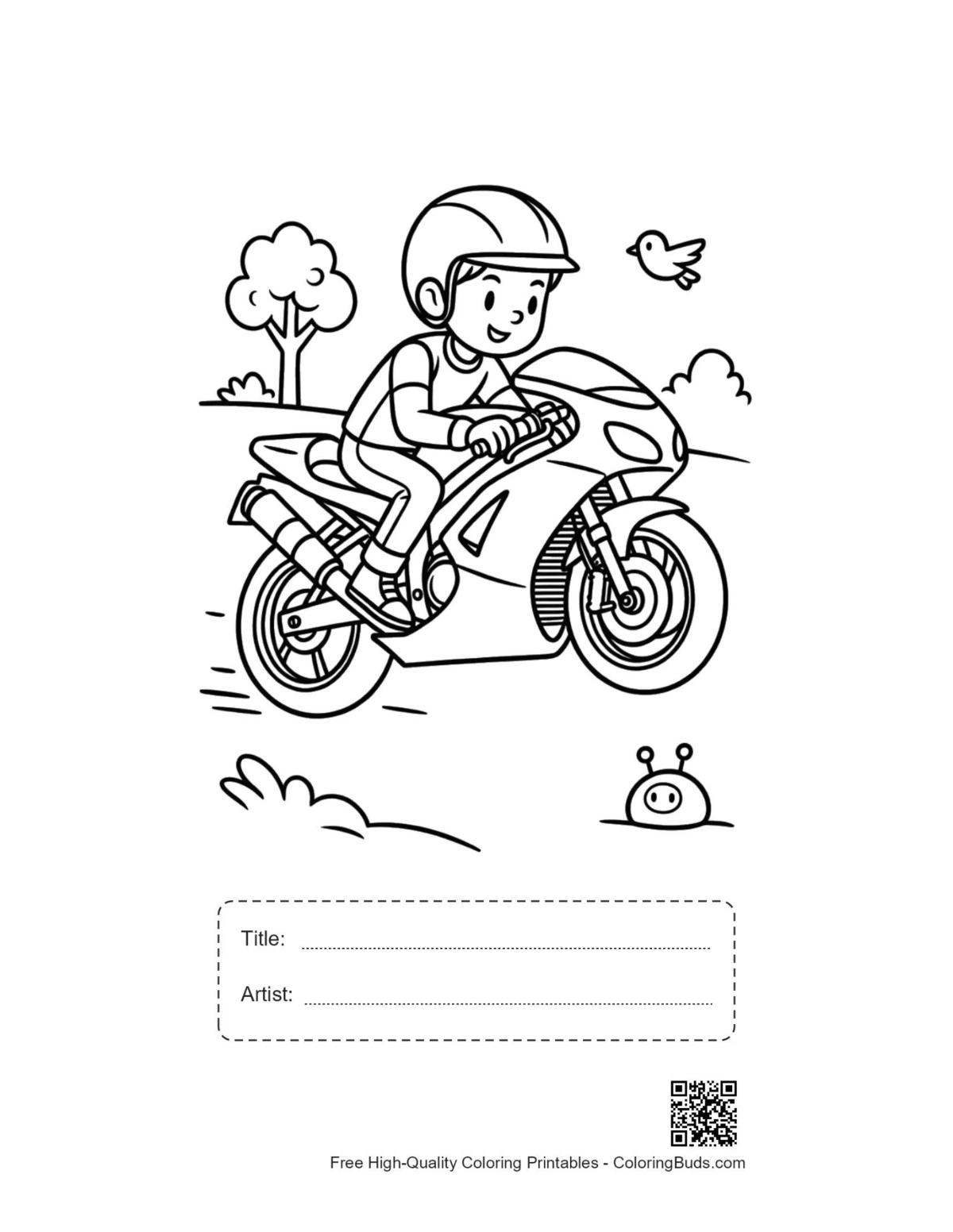 Sport bike printable with title artist box for kids