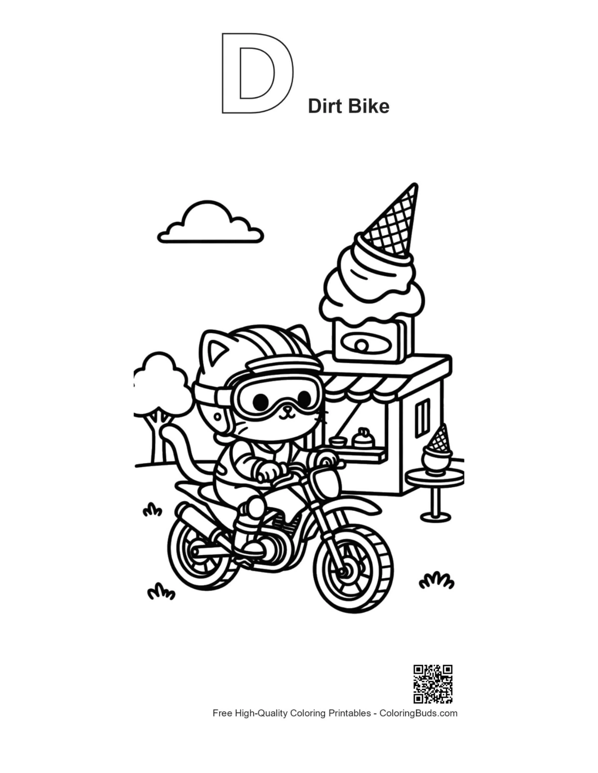 Dirt bike coloring page with alphabet D outline