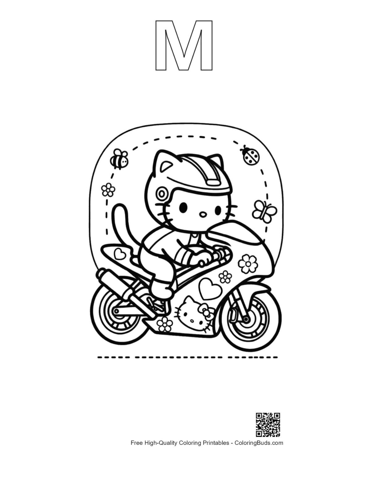 Sport bike coloring page with alphabet M outline
