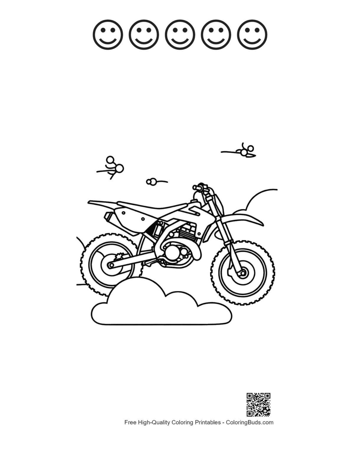 Motocross action jump with 5 happy faces printable page