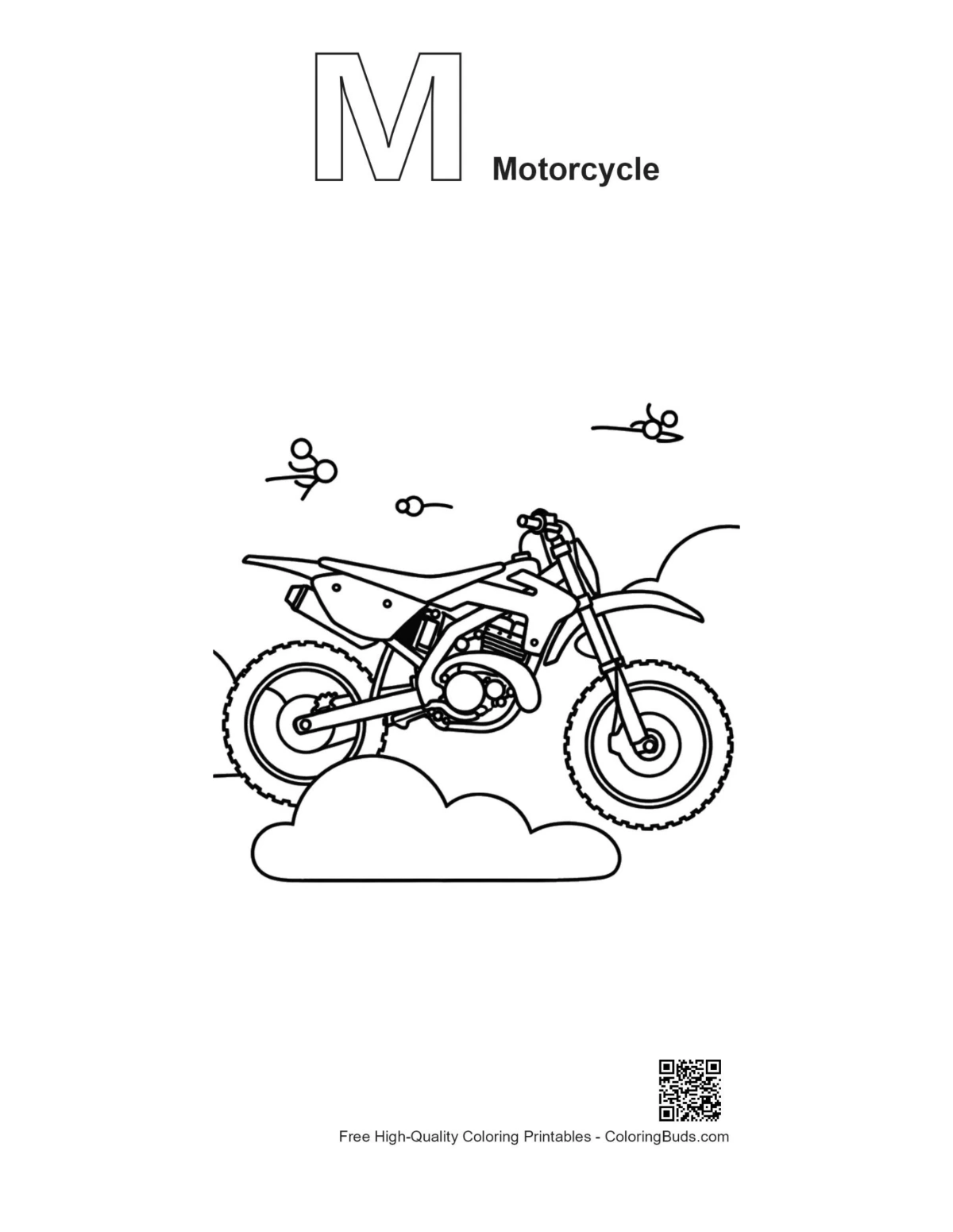 Motocross jump outline alphabet M dirt bike coloring printable