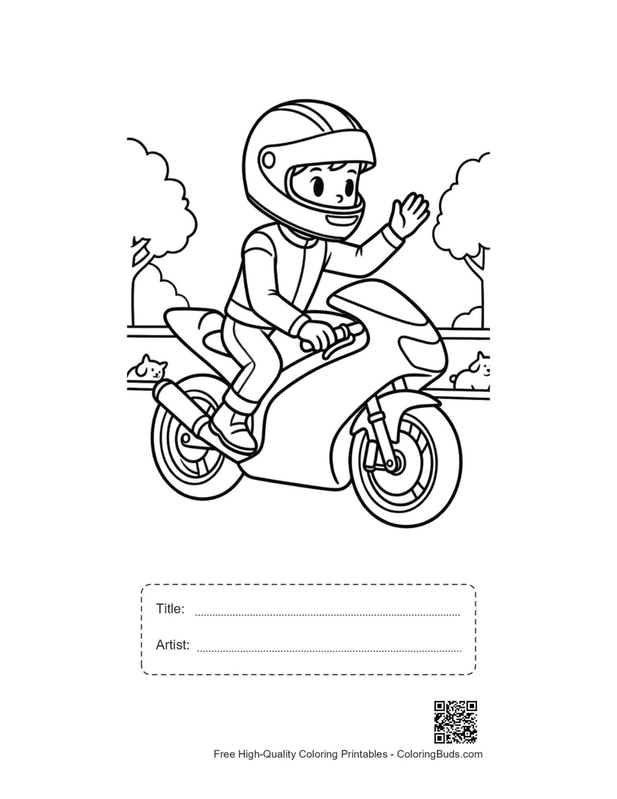 Happy boy sport bike coloring page with title box