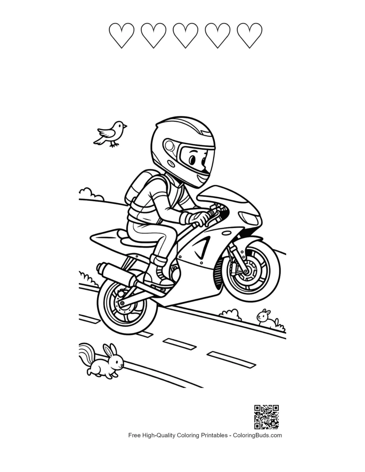 Stunt kid biker coloring page with heart outlines