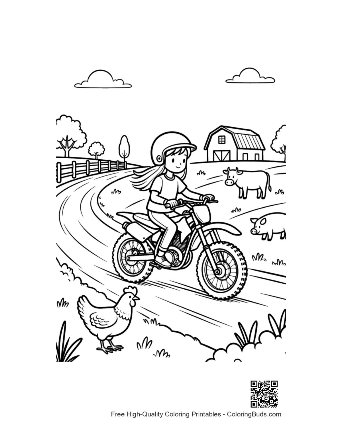 Kid dirt bike rider passing farm chickens coloring page