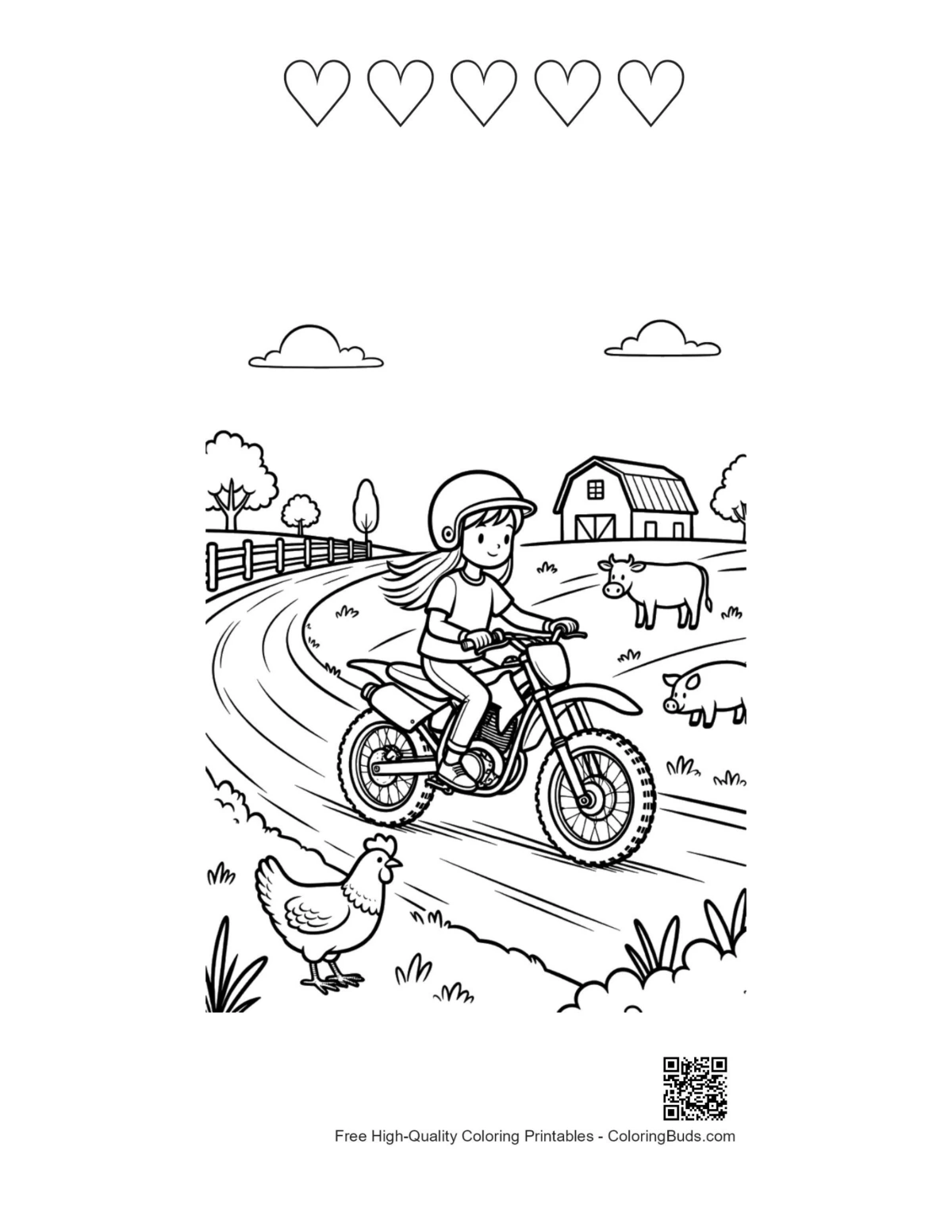 Dirt bike rider chickens hearts outline coloring page