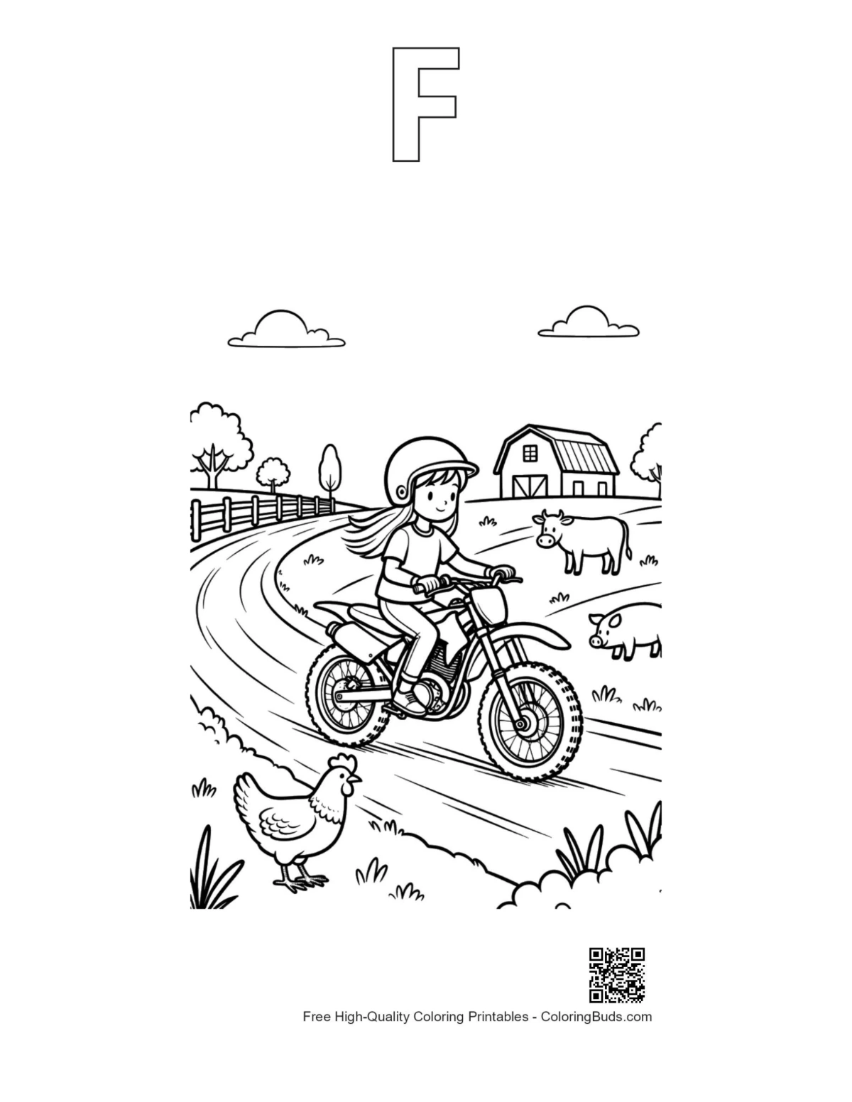 Dirt bike rider chickens F outline coloring page