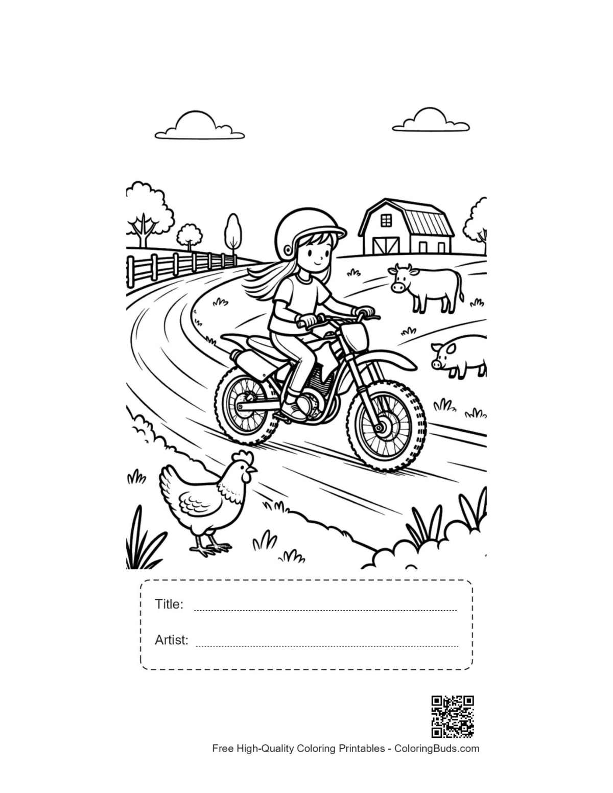 Kid dirt bike and chickens printable with title box
