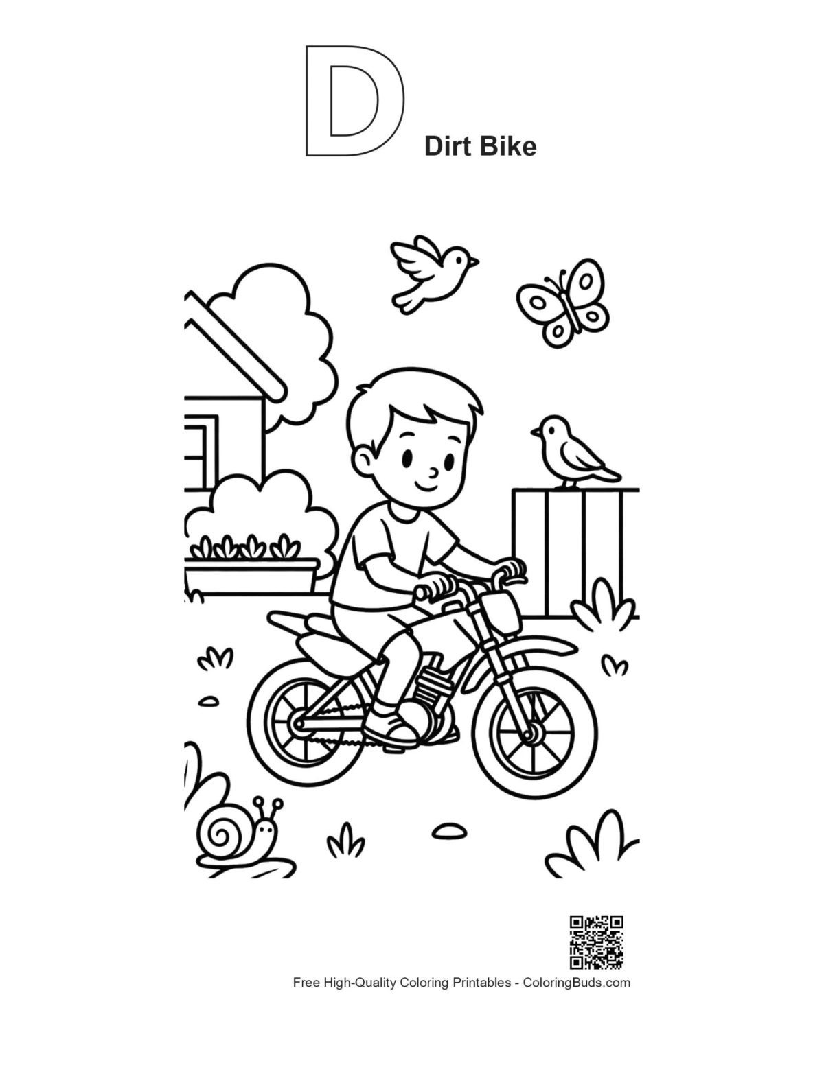 Dirt bike ride printable with D alphabet outline