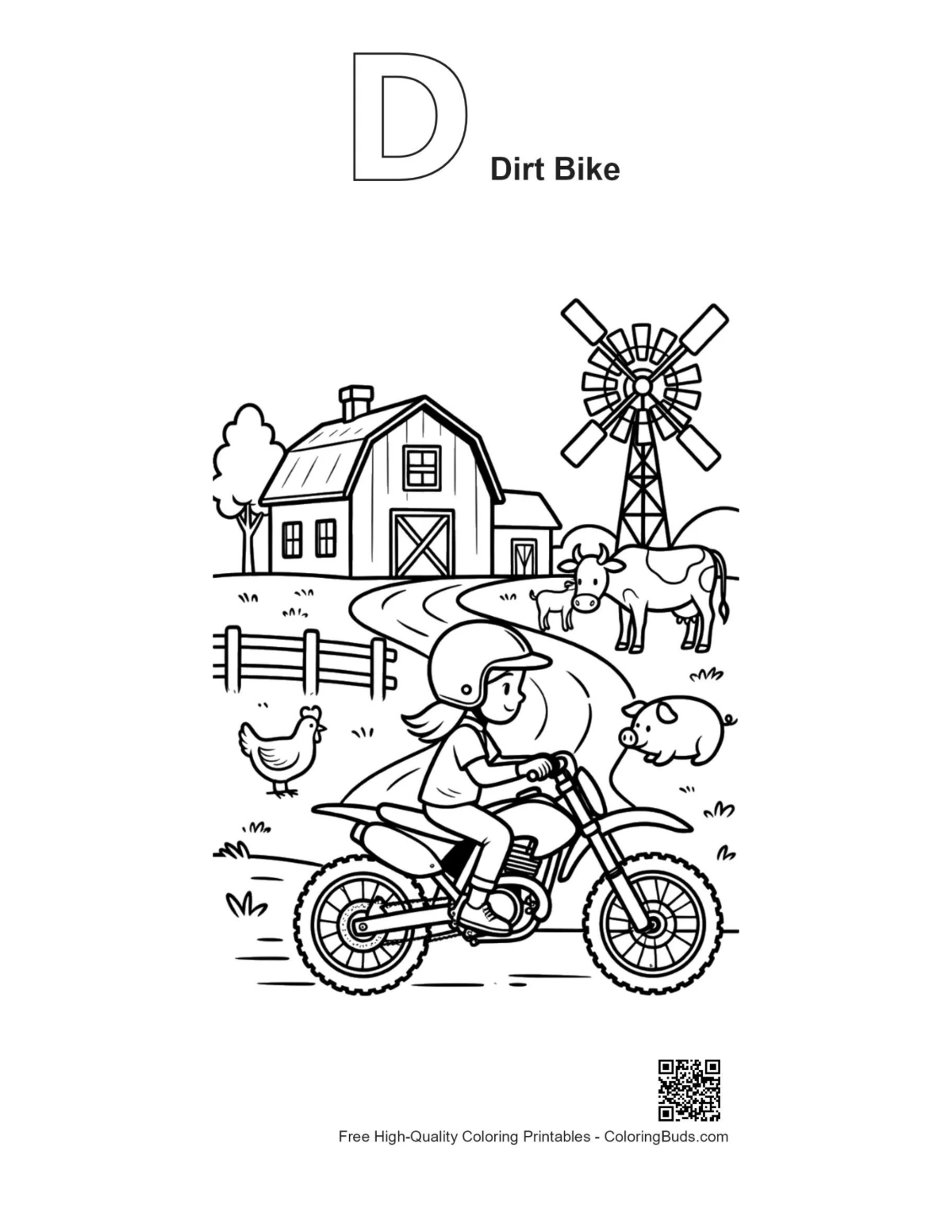 Dirt bike outline coloring with alphabet D and farm