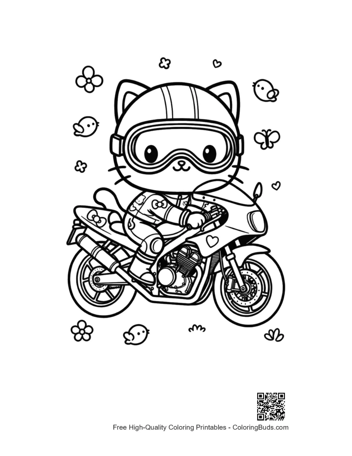 Cute kitten biker with goggles on sport bike coloring page