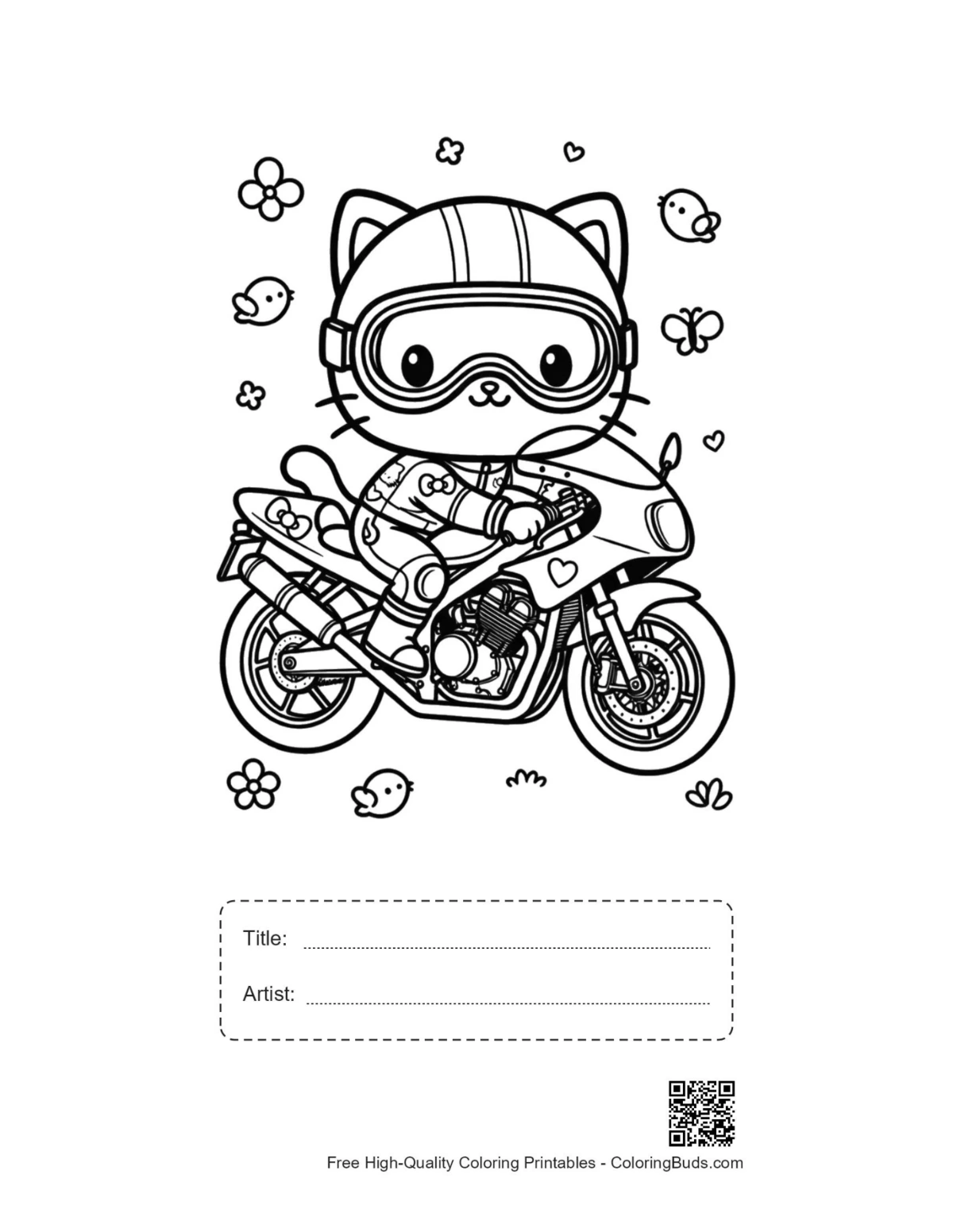 Kitten biker coloring page with title and artist box