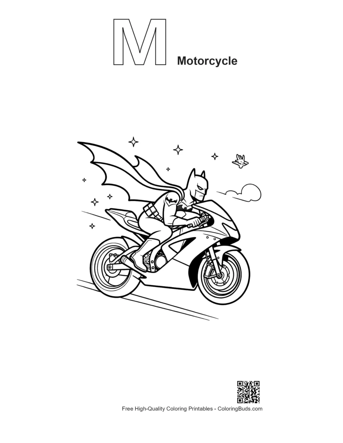 Masked hero bike jump coloring page with M motorcycle outline
