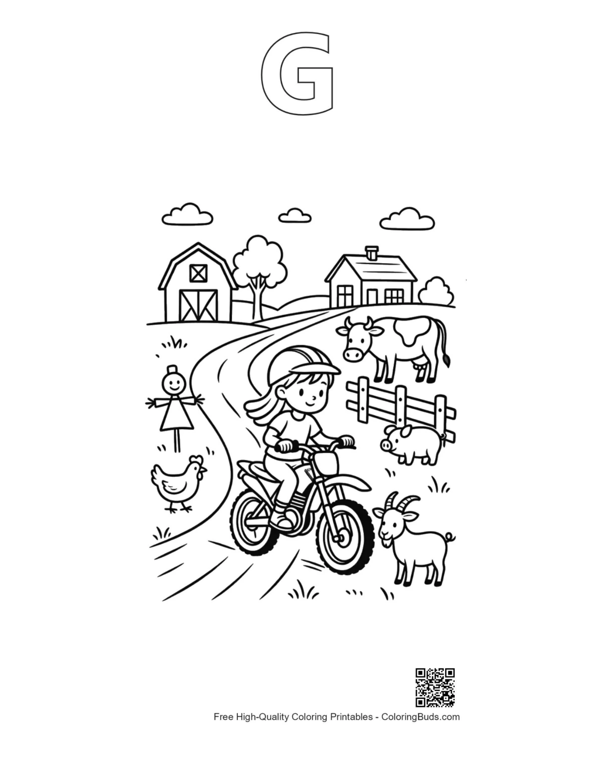 Mini dirt bike rider farm trail with alphabet G outline