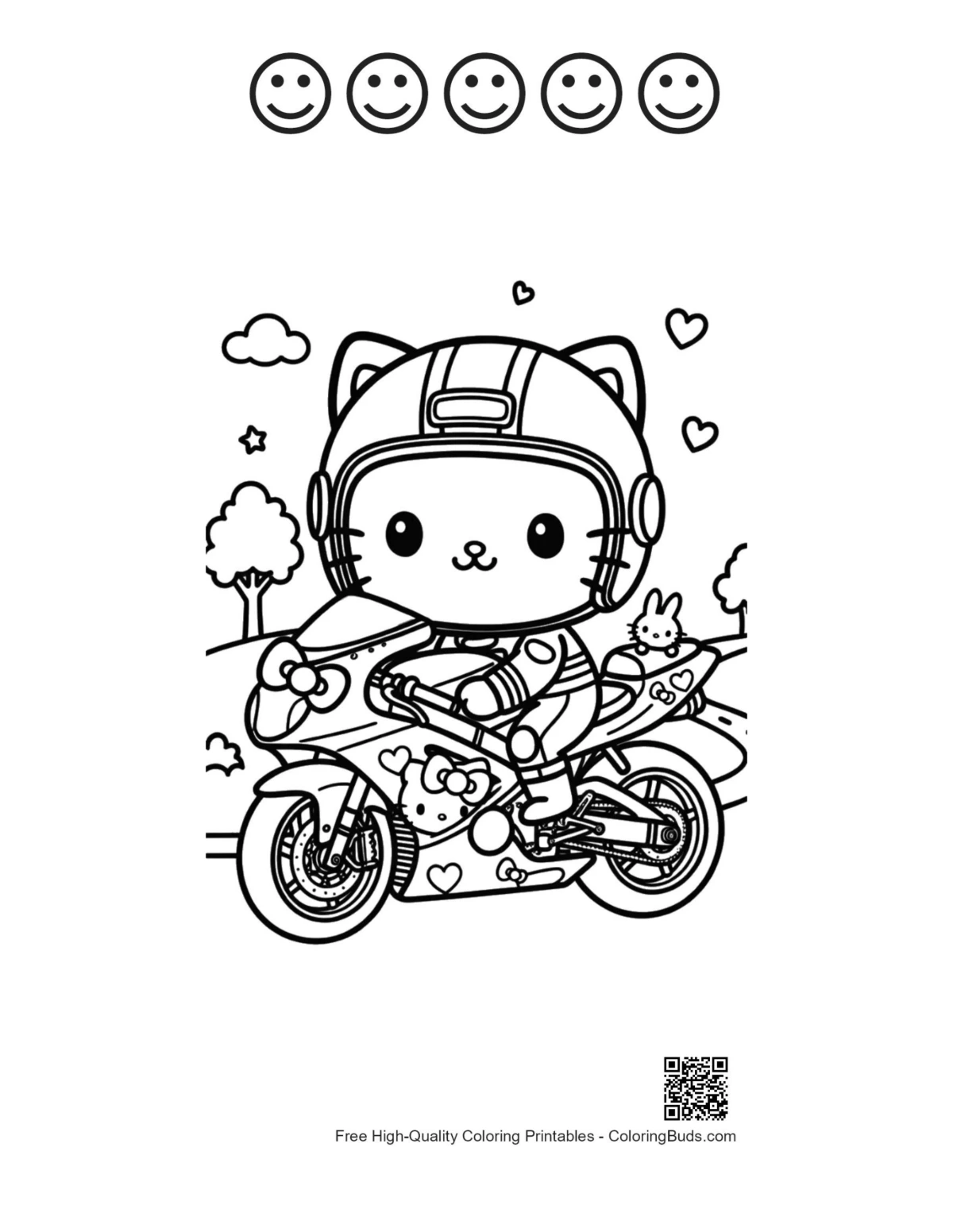 Smart kitty motorcycle coloring with happy faces printable