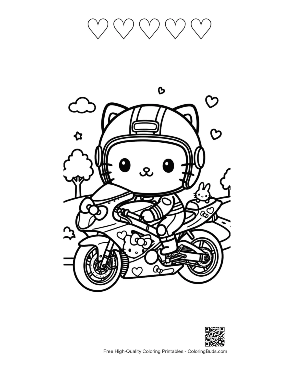 Smart kitty sport bike coloring hearts outline printable