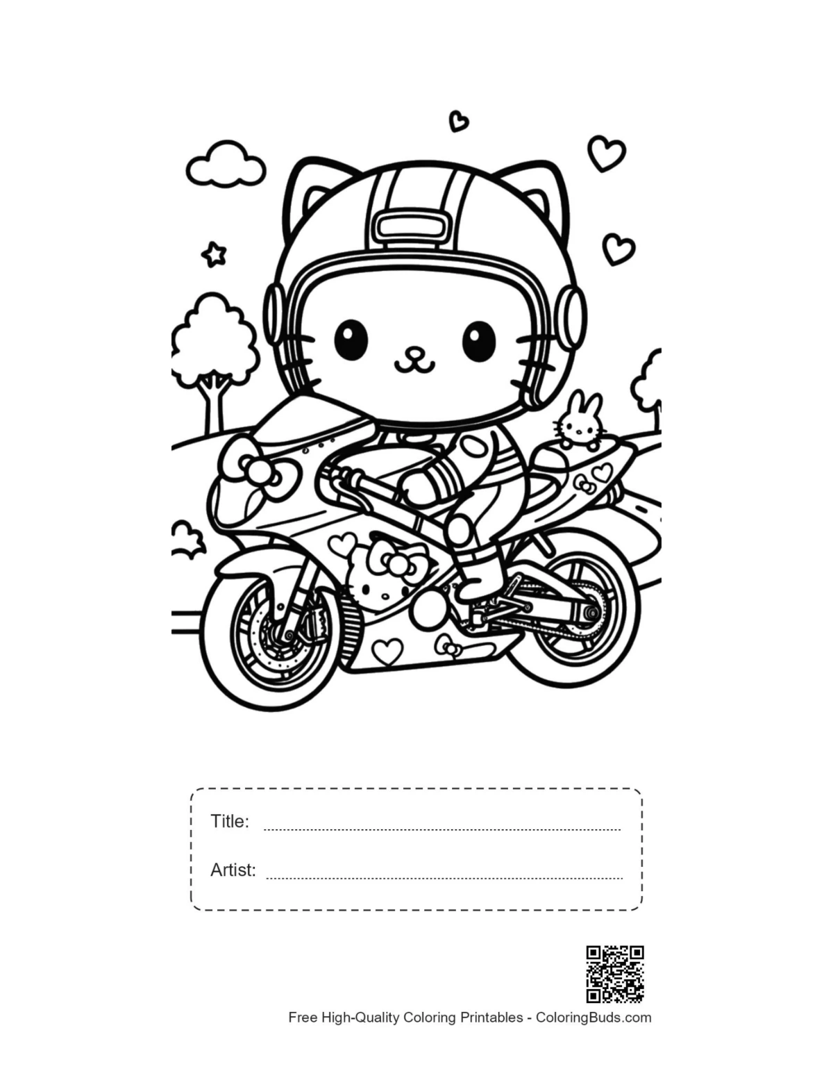 Smart kitty sport bike coloring printable with title box