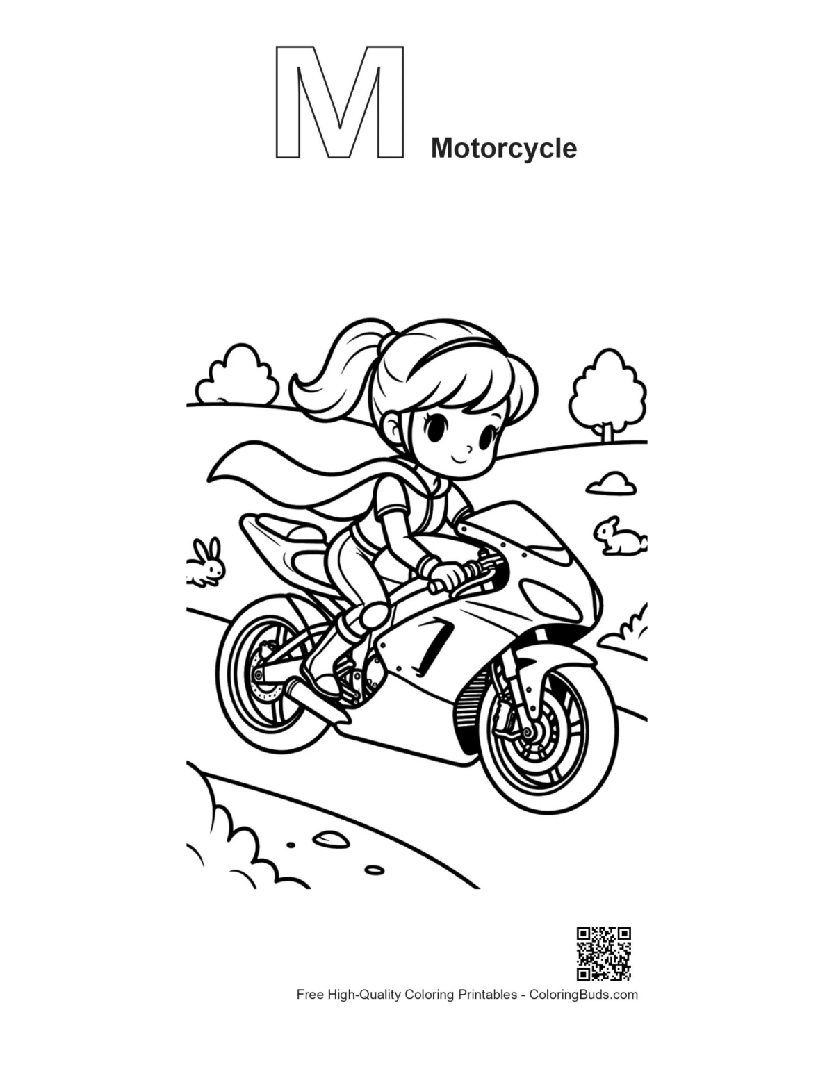 Sport bike alphabet M motorcycle outline printable