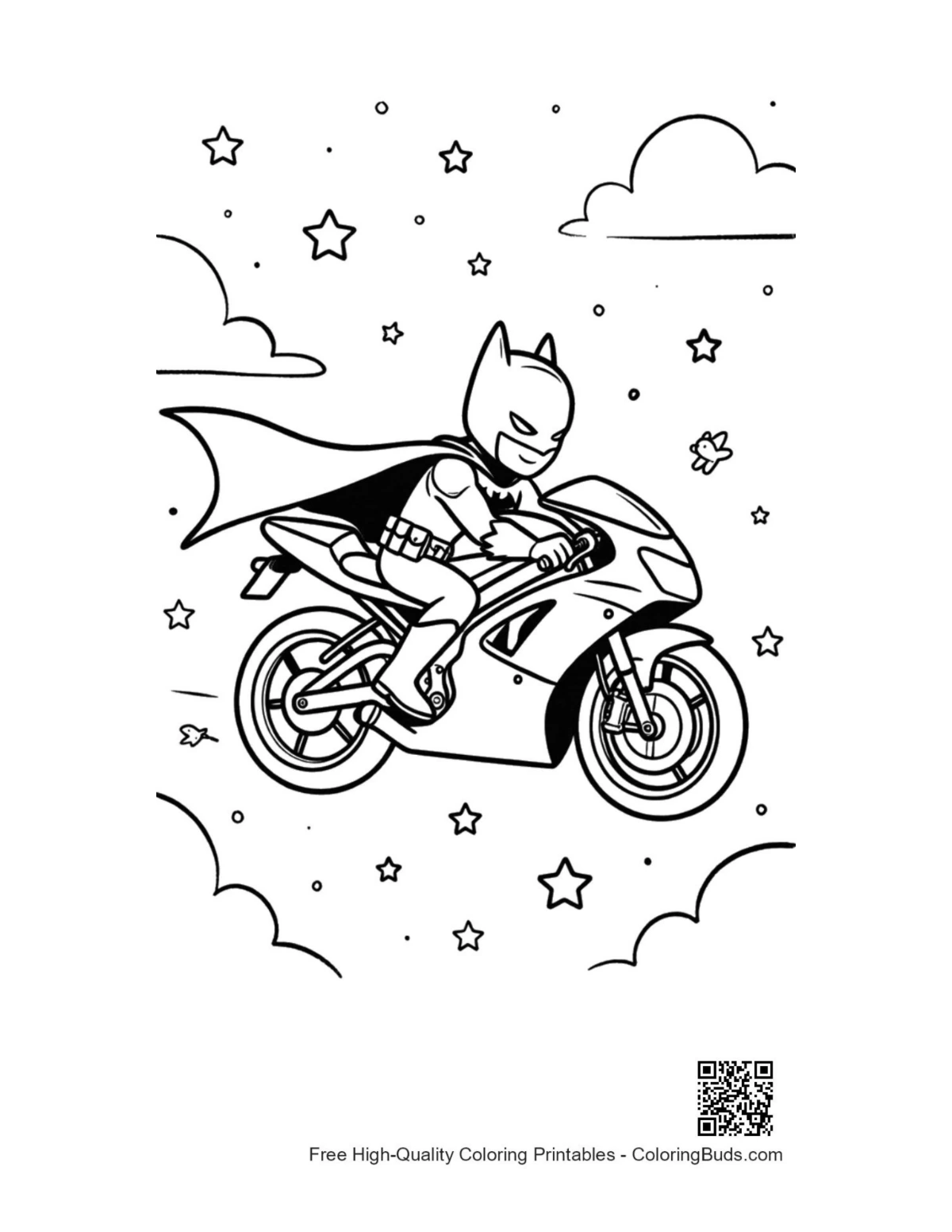Superhero riding sport bike starry night printable coloring page