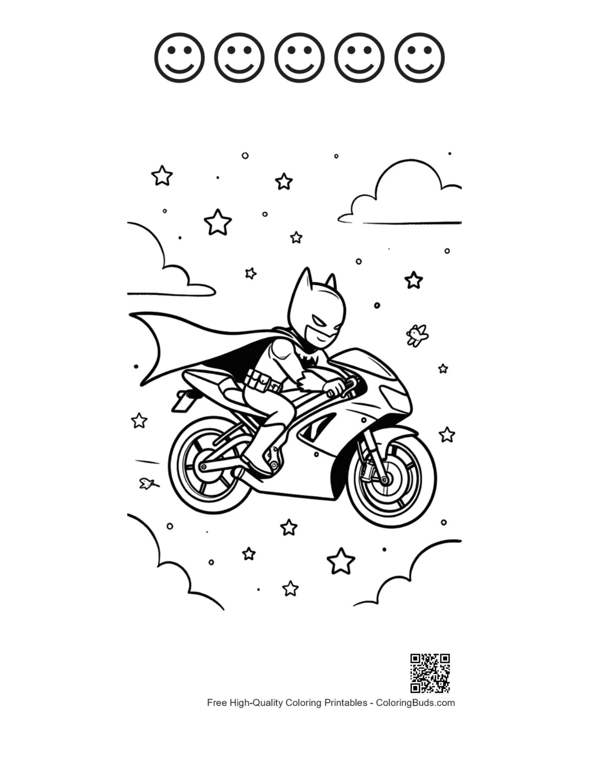 Superhero sport bike starry night coloring with happy faces