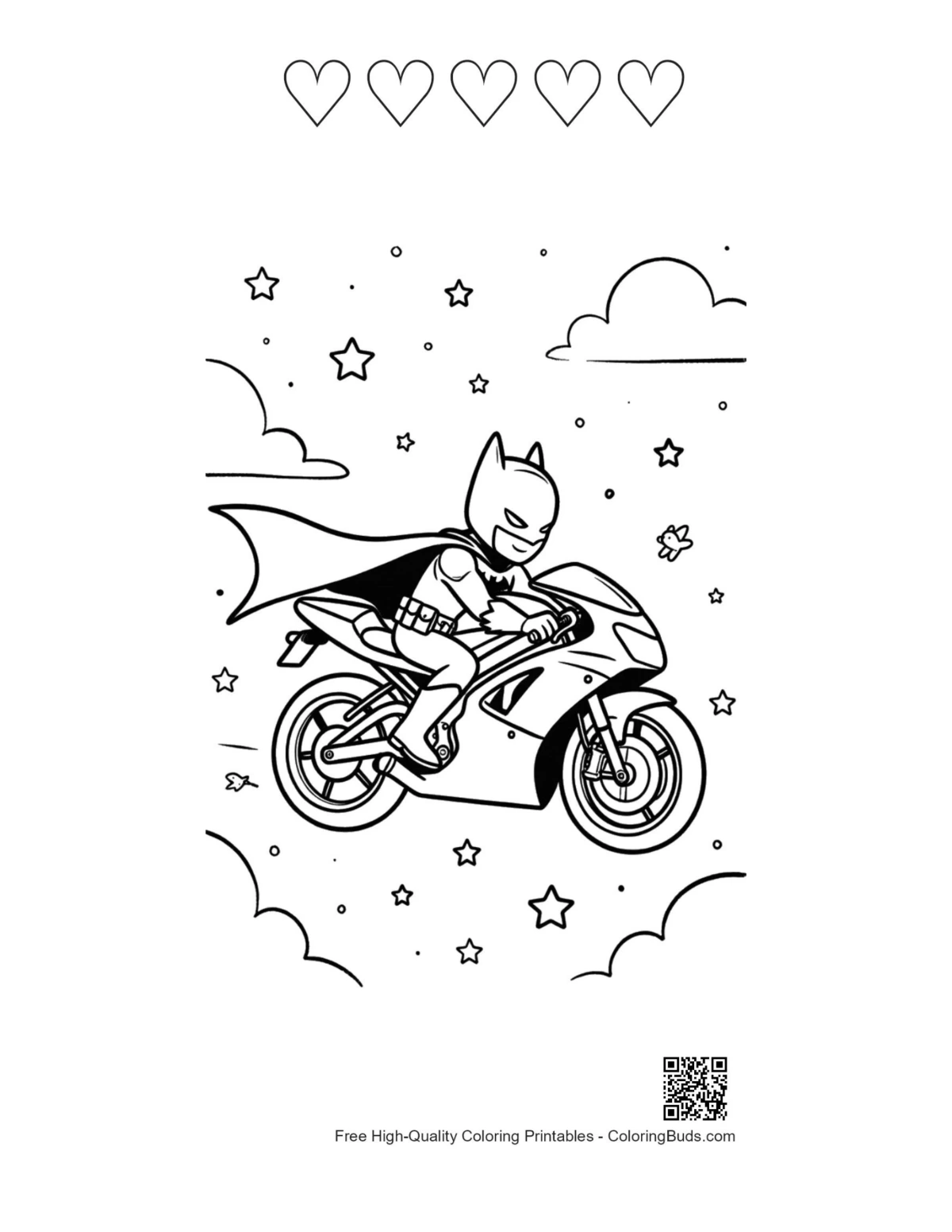 Sport bike superhero coloring page with hearts and stars